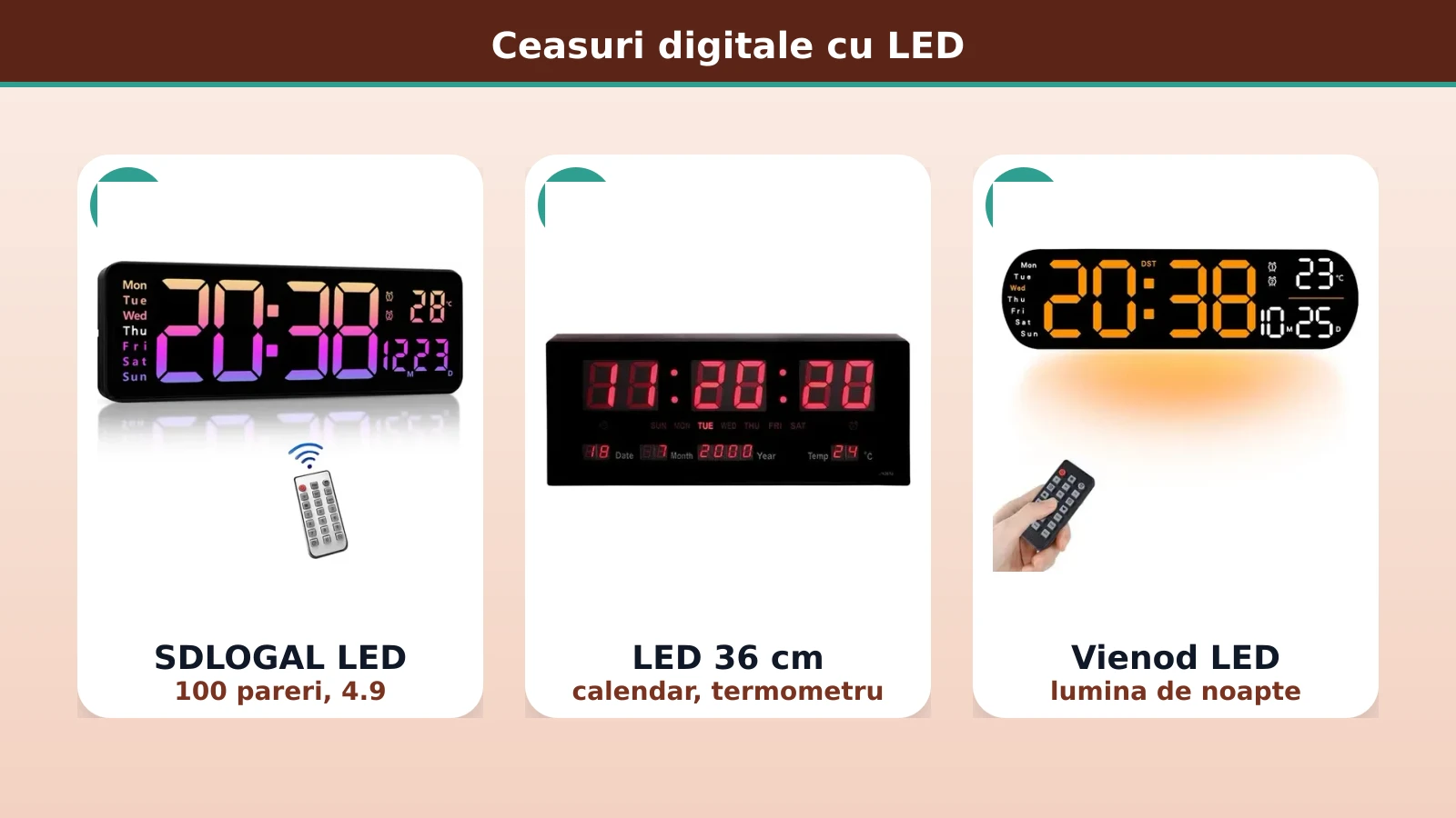 Ceasuri digitale de perete cu LED: SDLOGAL, OEM si Vienod