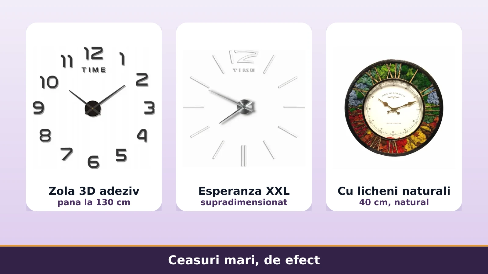 Ceasuri de perete mari, de efect: adeziv 3D, supradimensionat si cu licheni