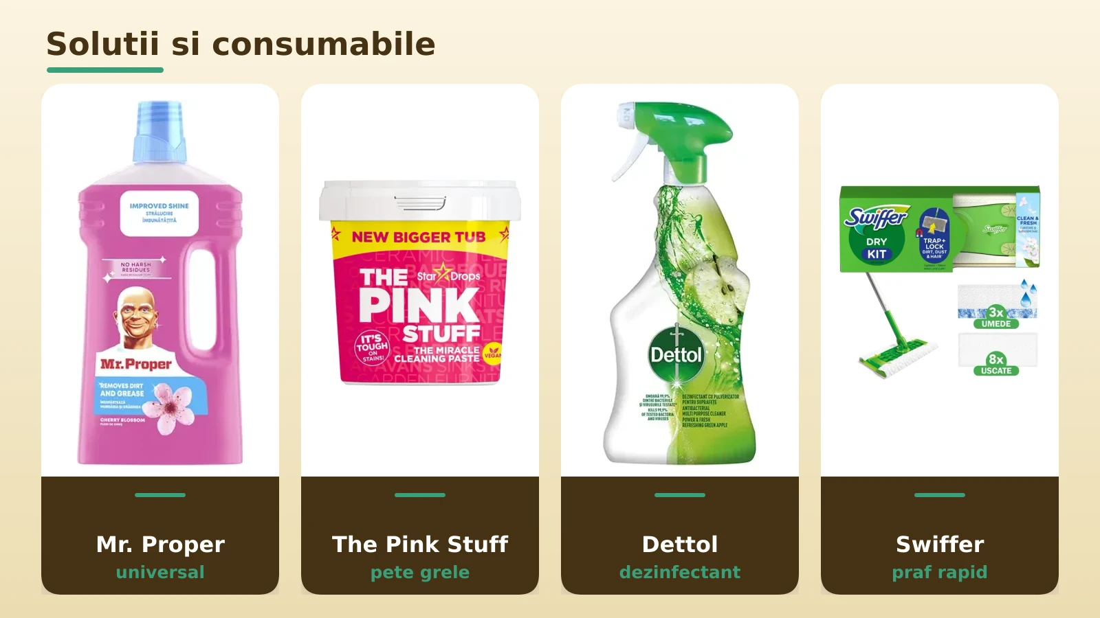 Solutii de curatenie: Mr. Proper, The Pink Stuff, Dettol si Swiffer