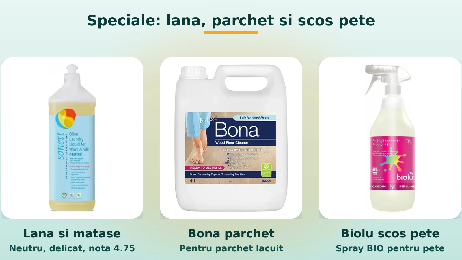 Detergenti ecologici speciali: lana si matase, parchet Bona si scos pete Biolu
