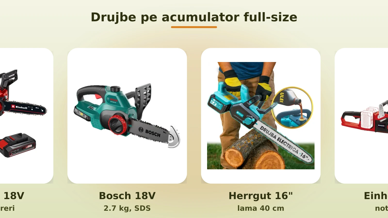 Drujbe pe acumulator full-size: Einhell, Bosch, Herrgut