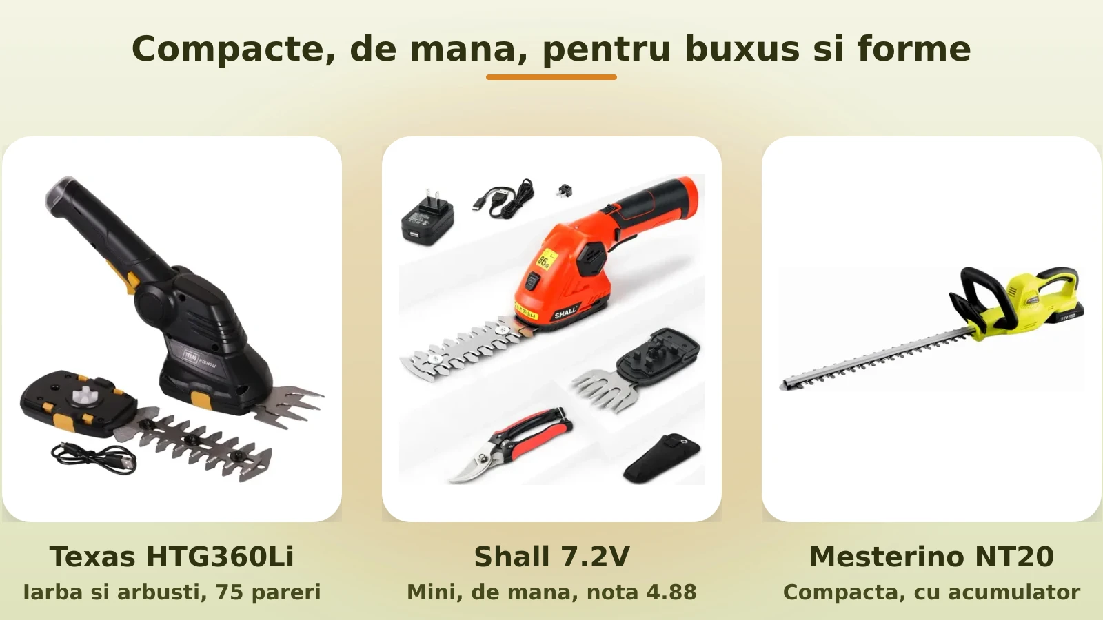 Unelte compacte de mana pentru buxus: Texas, Shall si Mesterino