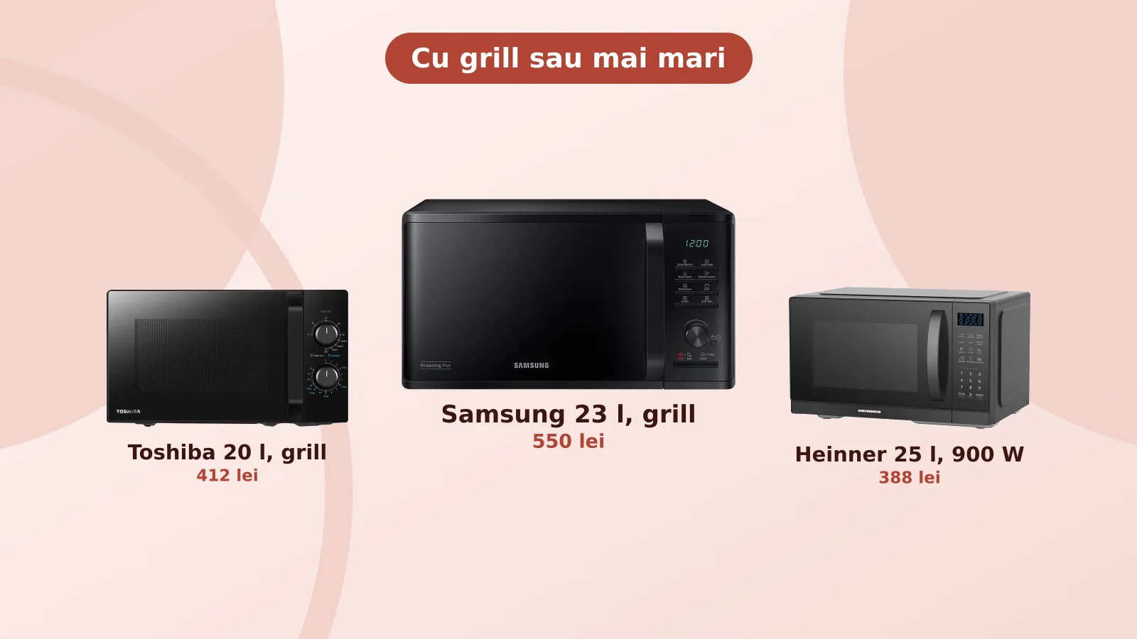 Cuptoare cu microunde cu grill sau mai mari, Samsung 23 l grill, Toshiba 20 l grill si Heinner 25 l