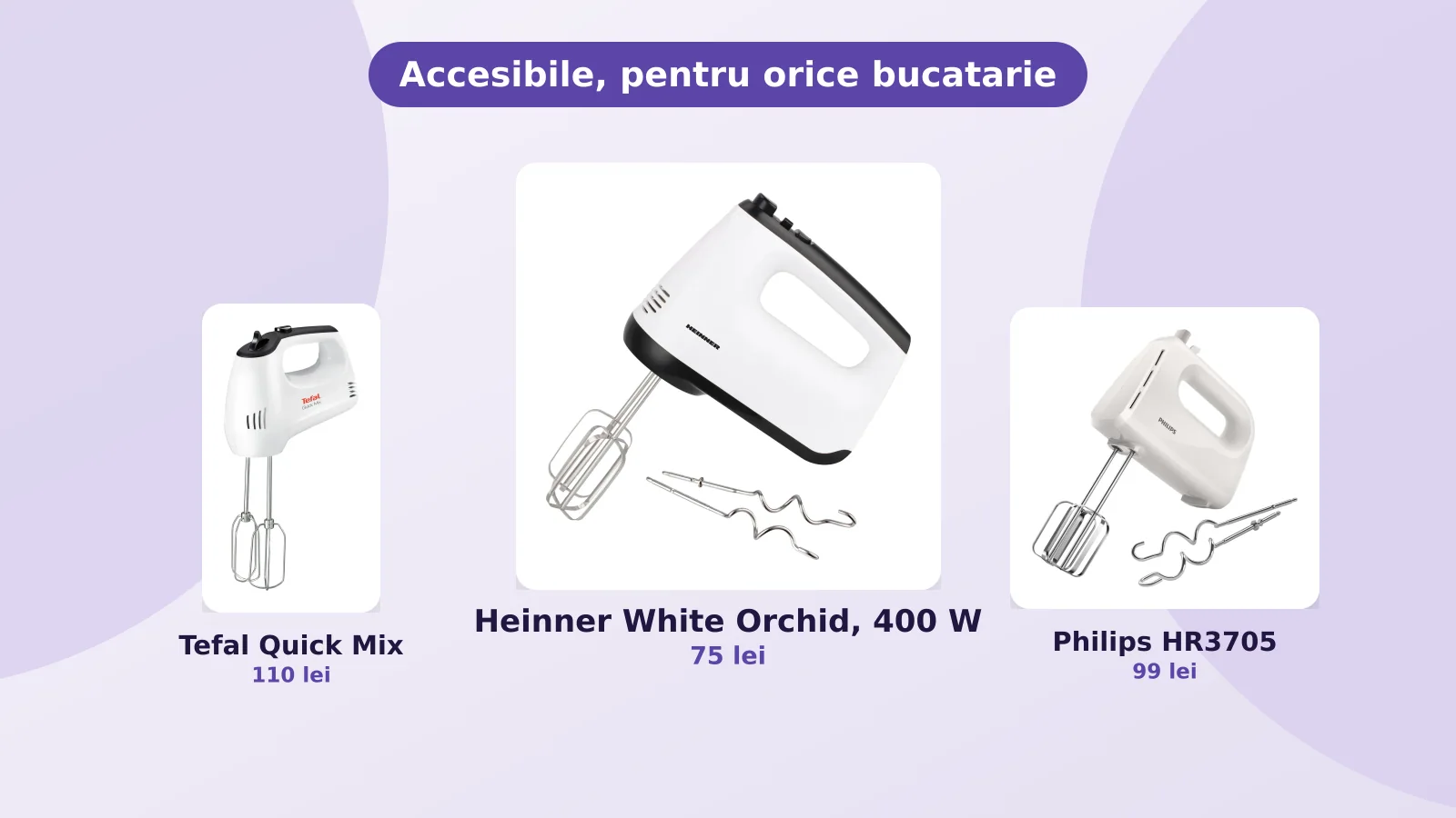 Mixere de mana accesibile, Heinner, Tefal si Philips