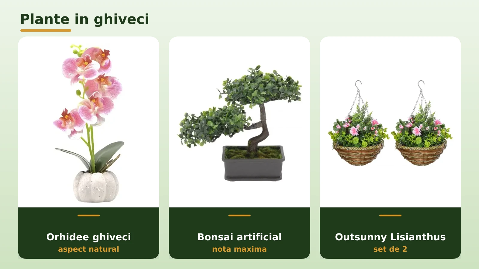 Plante artificiale in ghiveci: orhidee, bonsai si Lisianthus