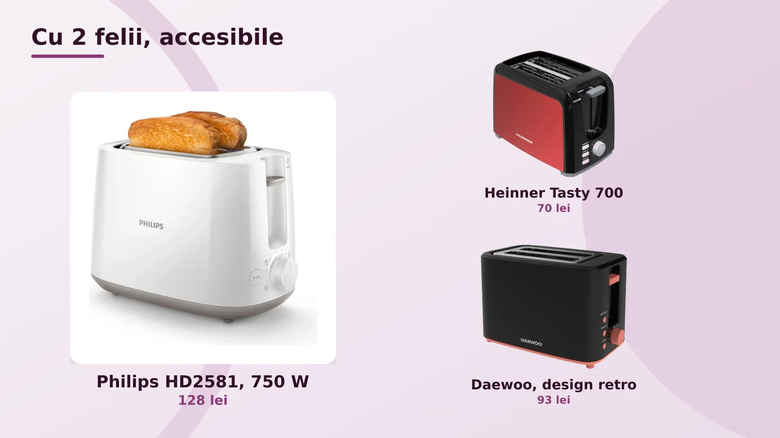 Prajitoare de paine cu 2 felii accesibile, Philips, Heinner si Daewoo