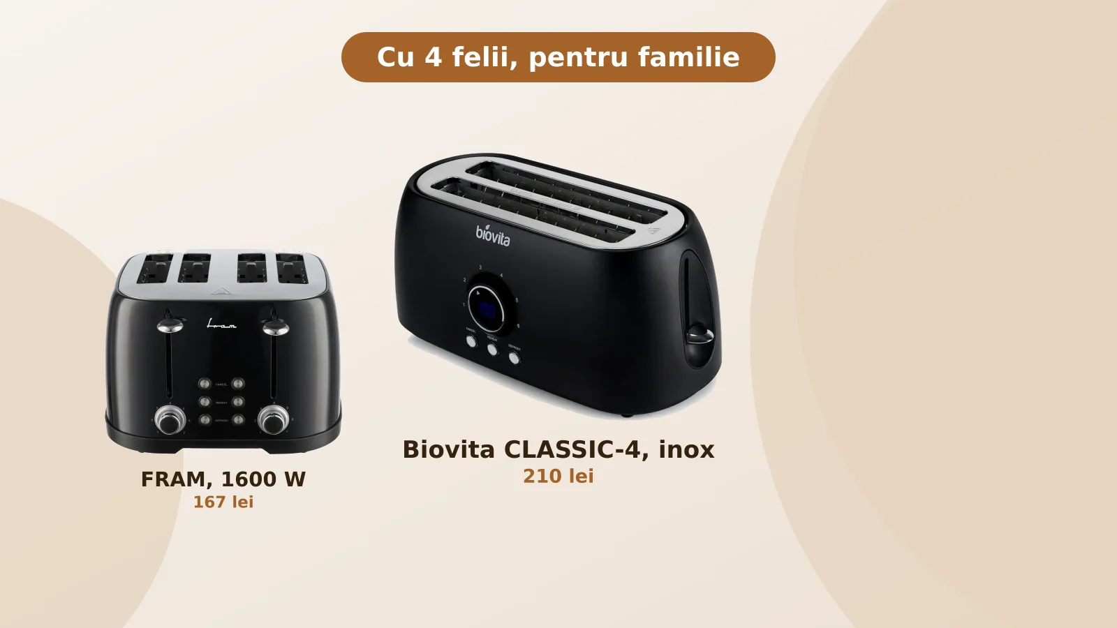 Prajitoare de paine cu 4 felii pentru familie, Biovita CLASSIC-4 si FRAM