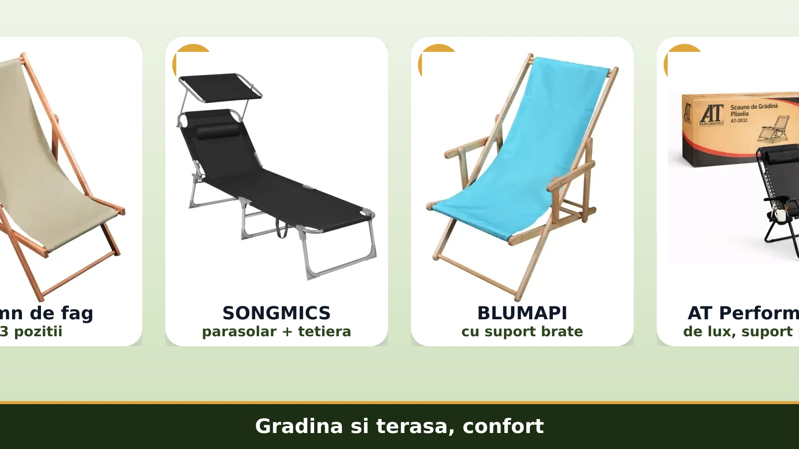 Sezlonguri de gradina si terasa: lemn, cu parasolar, cu cotiere si de lux