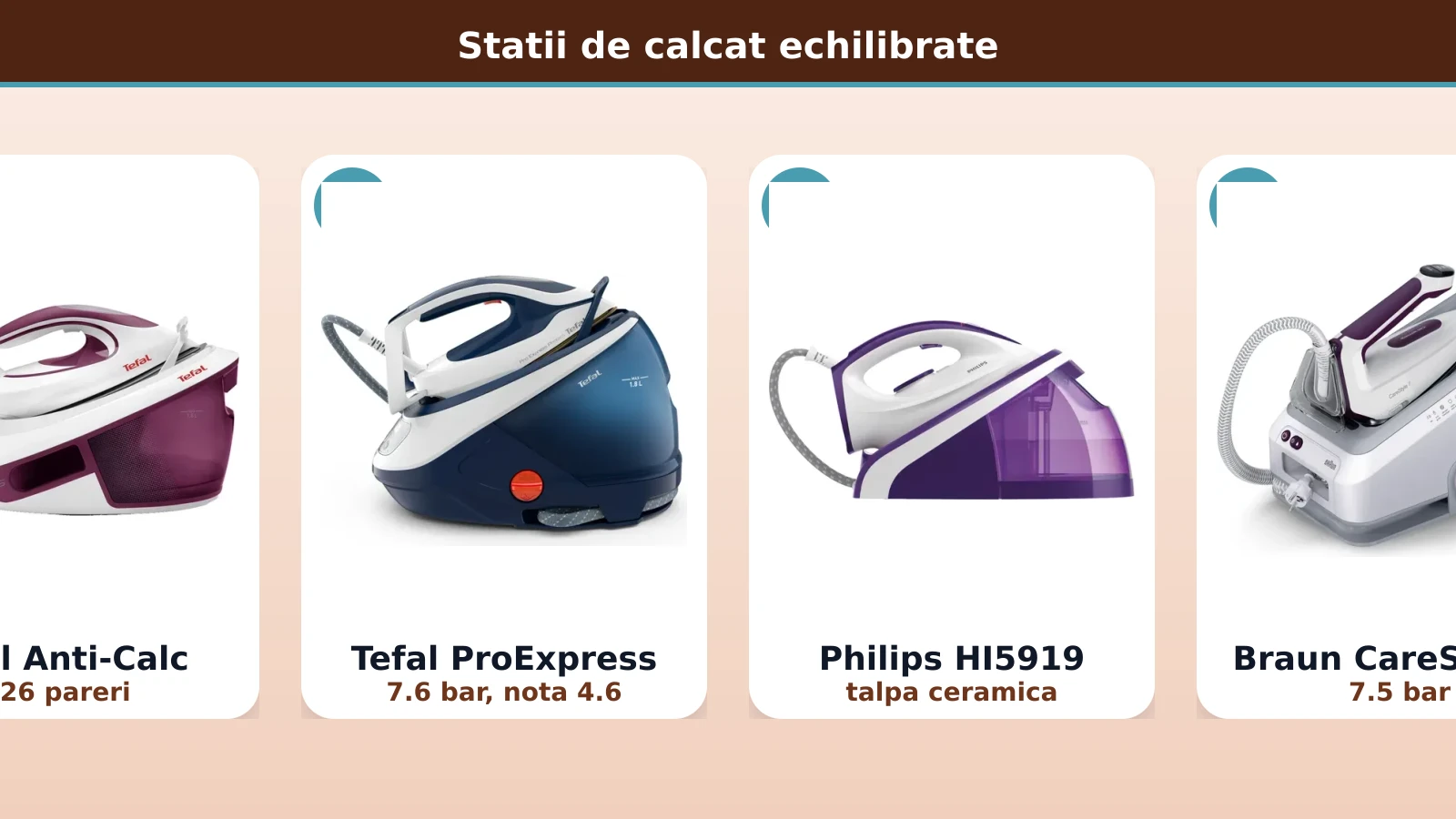 Statii de calcat echilibrate: Tefal, Philips, Braun