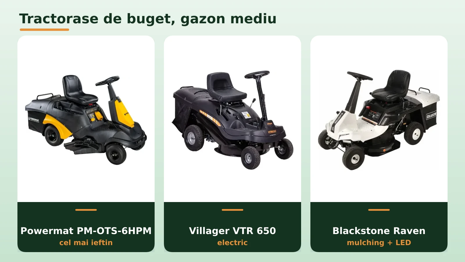 Tractorase de buget pentru gazon mediu: Powermat, Villager si Blackstone