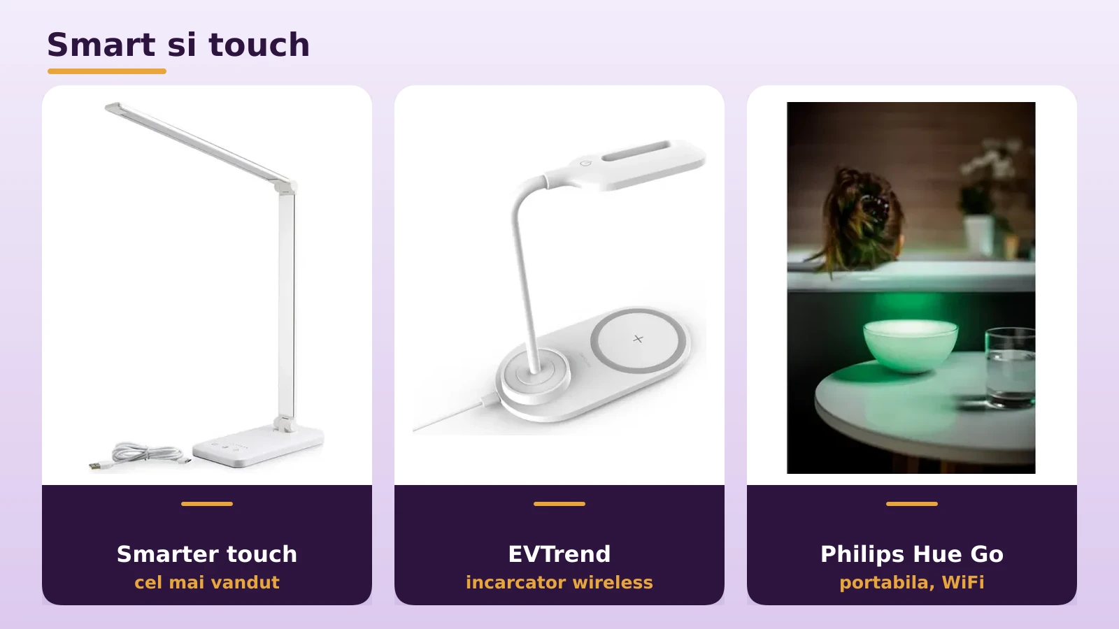 Veioze smart si cu touch: Smarter, EVTrend, Philips Hue Go
