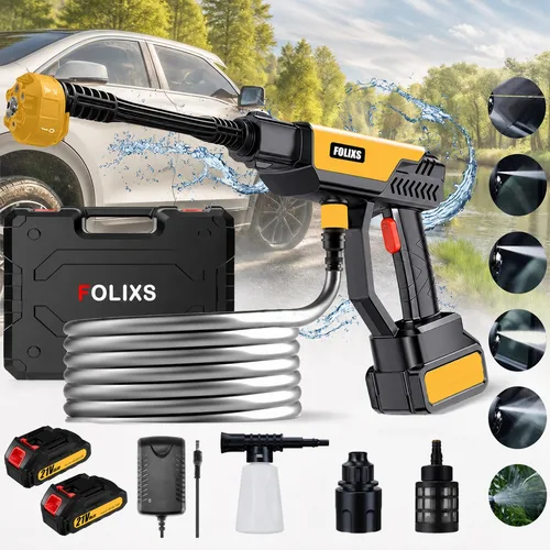 Aparat de spalat cu presiune fara fir, Folixs®, Duza 6 in 1, 500W, 4L/min, 40 bar, 5M Furtun, Cu filtru si recipient din spuma, Galben/Negru