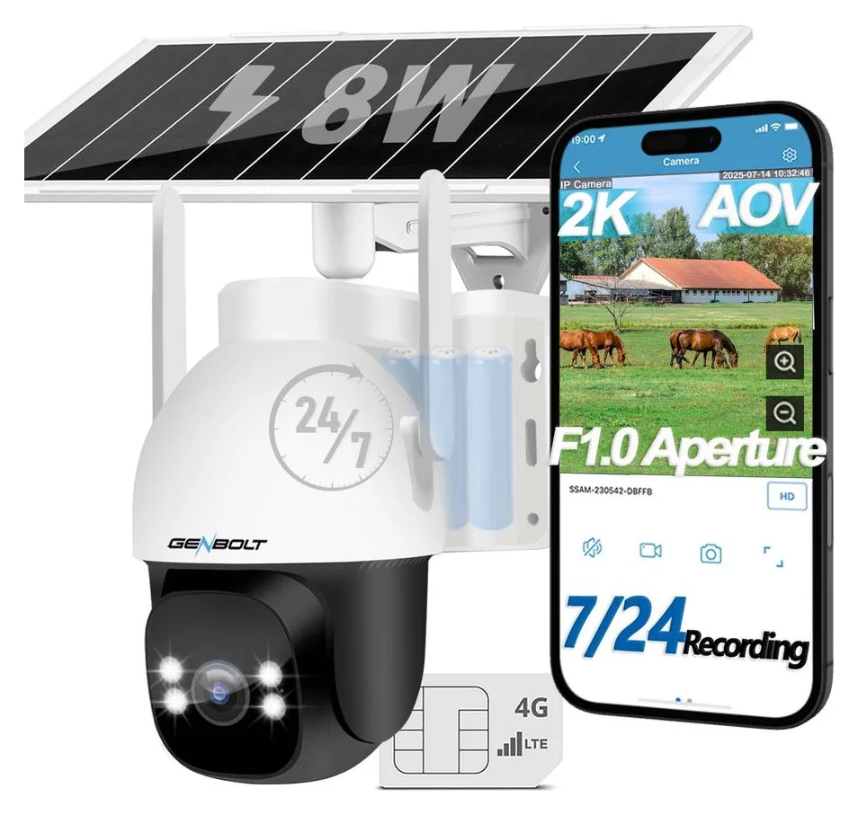 Camera de supraveghere cu SIM 4G si panou solar GENBOLT®, 3MP, AOV, Acumulator 15600 mAh, Panou Solar 8W, Inregistrare continua 24/7, F1.0 Crystal Night Vision, Detectarea persoanelor, 4X zoom, comunicare bidirectionala, stocare card/cloud, Alarma sonora