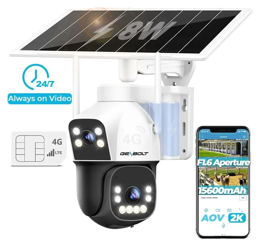 Camera de supraveghere dubla cu Panou Solar si Cartela SIM 4G GENBOLT®, AOV, 3MP+3MP, Acumulator 15600 mAh, Panou solar 8w, Exterior Ultra HD, 4X zoom, Comunicare Bidirectionala, Urmarire inteligenta, Alarma, Color Night Vision, Apasare alarma, Alb/negru
