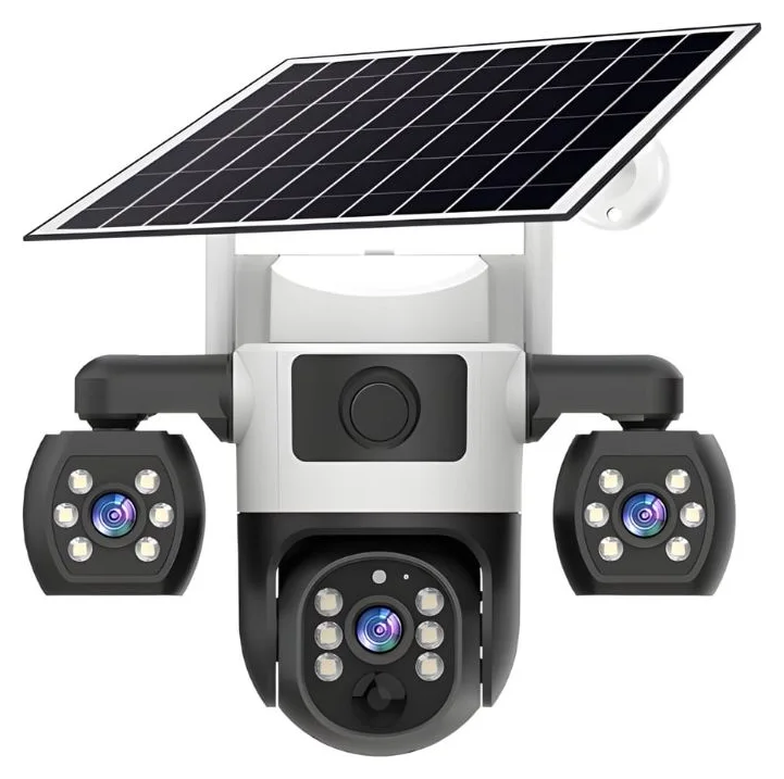 Camera de supraveghere tripla cu panou solar MaGeCa, 4G, Cartela SIM, 6MP Full HD, Baterie 8000 mAh, Panou solar 8W, 3 zone supravegheate simultan, Comunicare bidirectionala, Vedere nocturna, Detectarea miscarii, Stocare prin card SD/Cloud, Rezistenta la