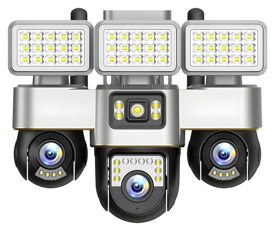 Camera de supraveghere tripla MaGeCa 4G cu proiector LED, Cartela SIM, 12MP Full HD, 3 zone supravegheate simultan, Comunicare bidirectionala, Detectarea miscarii, Vedere nocturna, Rezistanta la apa IP66, Stocare card SD/Cloud, Card 64 GB cadou