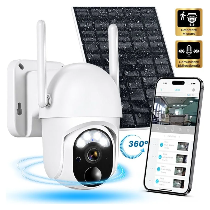 Camera Supraveghere Duala cu Panou Solar Xenomo DuoView, Rezolutie 2K/4MP, WiFi/4G, Lentila Dubla, Vedere Nocturna Color, Audio Bidirectional, Senzor de Miscare PIR, Rezistenta la Apa IP66, Control prin Aplicatie, Alb/Negru