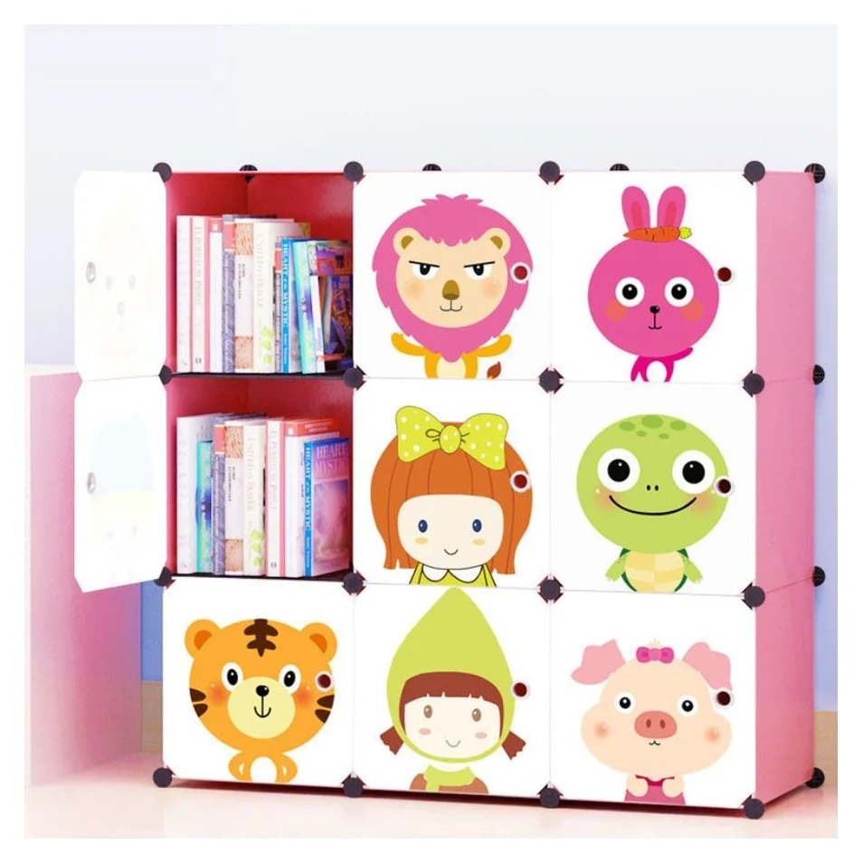 Dulap pentru haine, Imagini pline de culoare, Roz, 9 rafturi, 110 x 36 x 110 cm