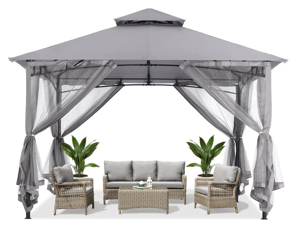 Foisor De Gradina, TOPSCAUNE®, 3.3x3.3 m, Foisor Exterior Cu Cadru Din Otel, Foisor De Gradina Cu Plasa Tantari Si Acoperis Impermeabil 300D, Foisor De Gradina Pentru Curte, Terasa, Gazon, Design Elegant, Structura Solida, Gri