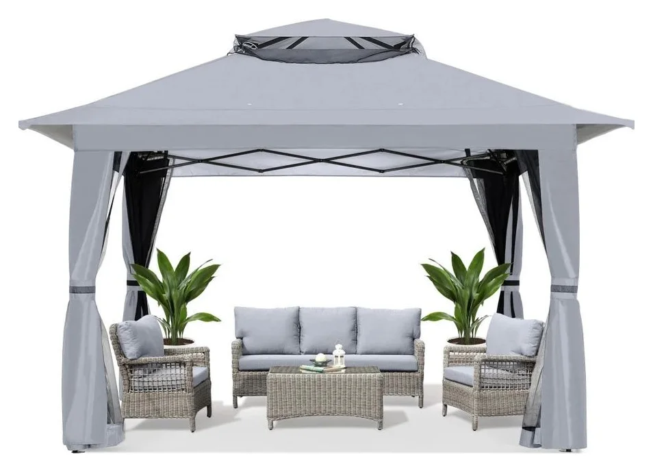 Foisor De Gradina, TOPSCAUNE®, 3.96x3.96 M, Foisor Exterior Cu Cadru Din Otel, Foisor De Gradina Cu Plasa Tantari Si Acoperis Dublu Impermeabil, Reglabil 3 Trepte, Pentru Curte, Terasa, Gazon, Design Elegant, Structura Solida, Gri