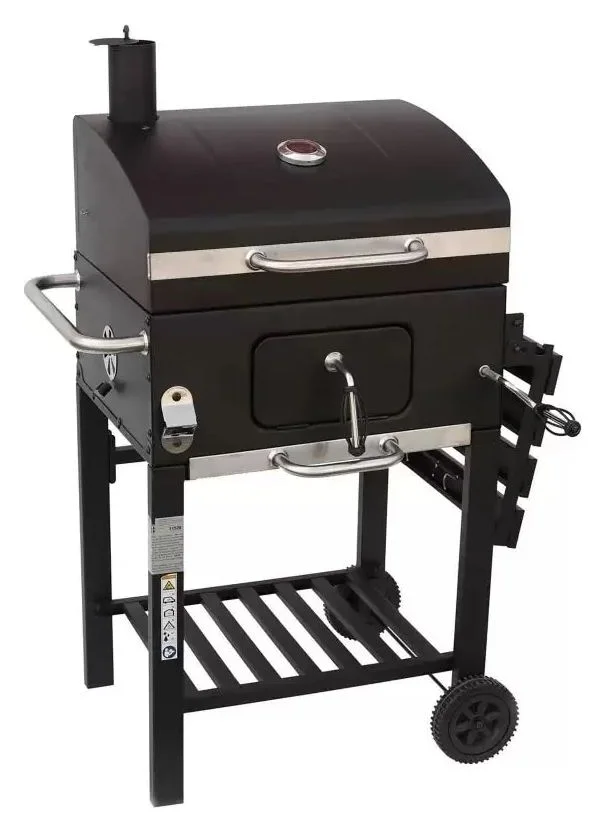 Gratar carbune Grillchef Konfort, cu termometru, sistem de ventilatie, raft lateral pliabil, suprafata de gatit din fonta 53 x 42 cm, 100x115x71 cm, husa inclusa