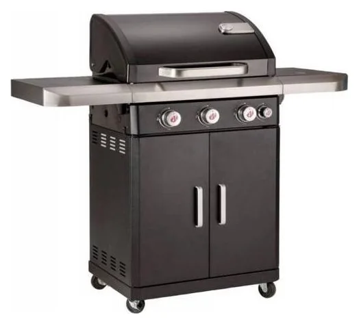 Gratar gaz Landmann Rexon 3+1 arzatoare x 3.7 kw din inox, suprafata de gatit din fonta 64 x 40 cm, termometru in capac, sistem ardere PTS, tava colectare grasime, arzator lateral 3 kw, cabinet