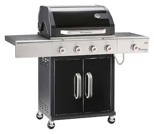 Gratar gaz Triton 4.1, 140 x 120 x 57 cm, 4 arzatoare, termometru in capac, aprindere automata de tip piezo, suprafata de gatit din fonta 65 x 45 cm, Negru