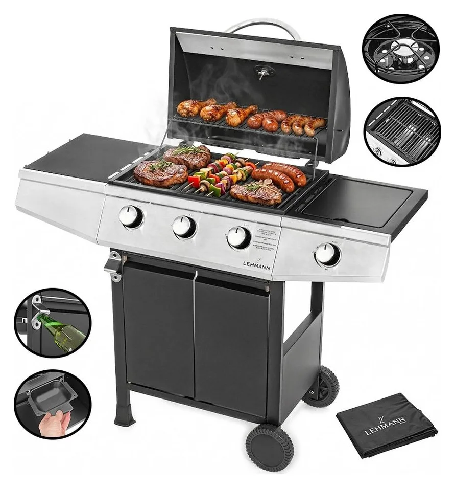 Gratar pe gaz cu 3+1 arzatoare, Lehmann Texas, termometru incorporat, suprafata de gratar 33x52cm, husa gratar, furtun si regulator incluse, 120x50x102cm, fonta, negru