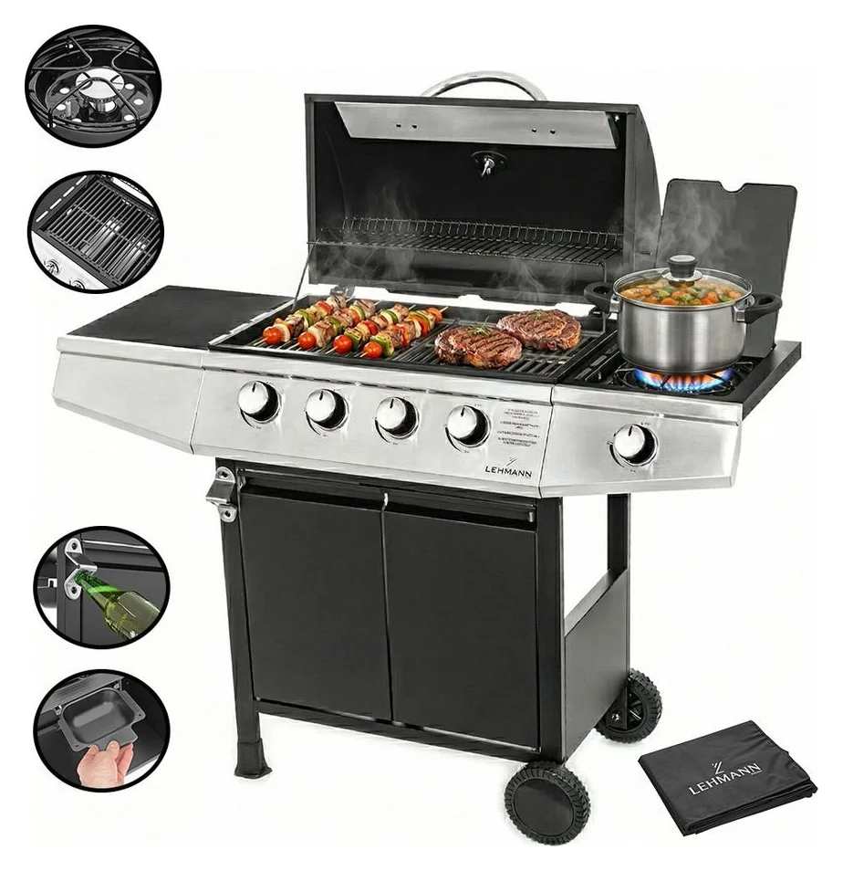 Gratar pe gaz cu 4+1 arzatoare, Lehmann Ohio, termometru incorporat, suprafata de gratar 33x66cm, husa gratar, furtun si regulator incluse, 128x50x102cm, fonta, negru