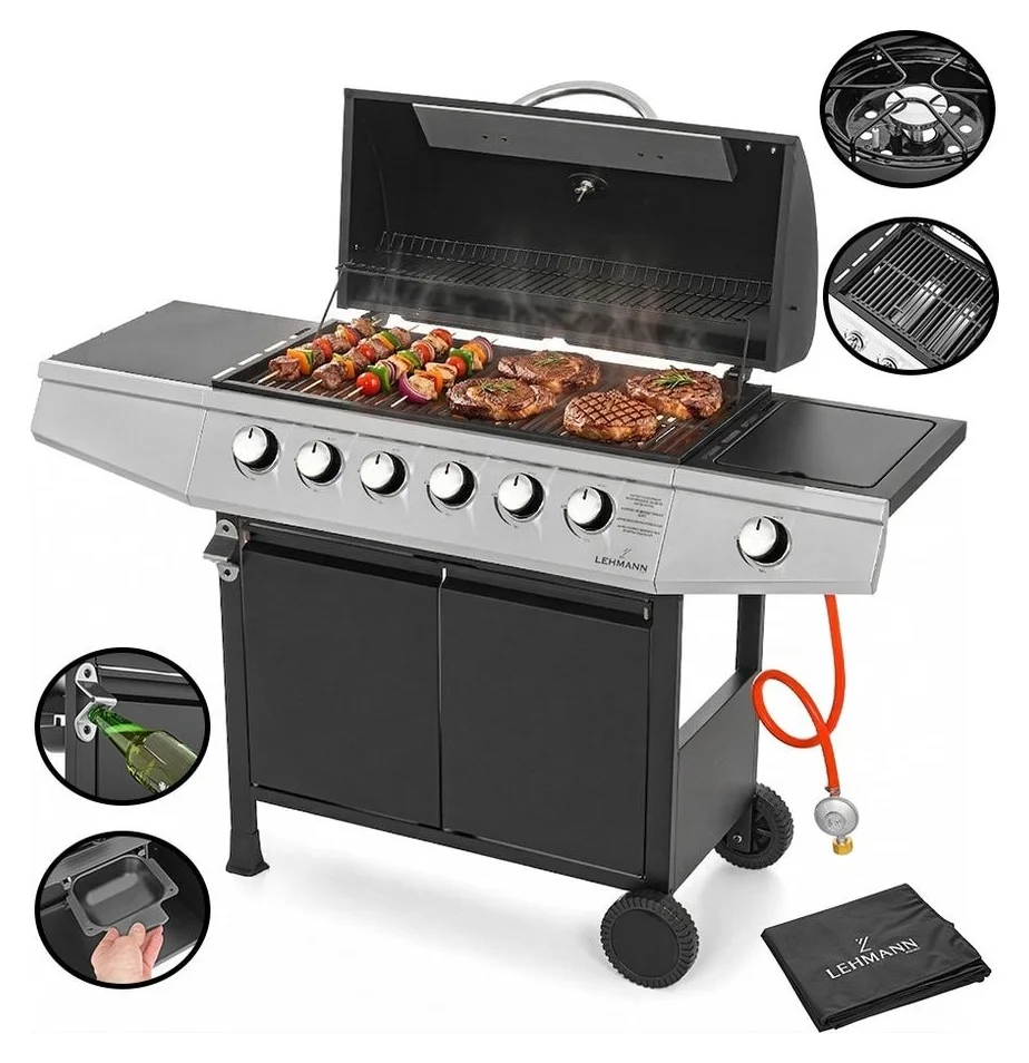 Gratar pe gaz cu 6+1 arzatoare, Lehmann Vegas, termometru incorporat, suprafata de gratar 33x72cm, husa gratar, furtun si regulator incluse, 141x50x102cm, fonta, negru