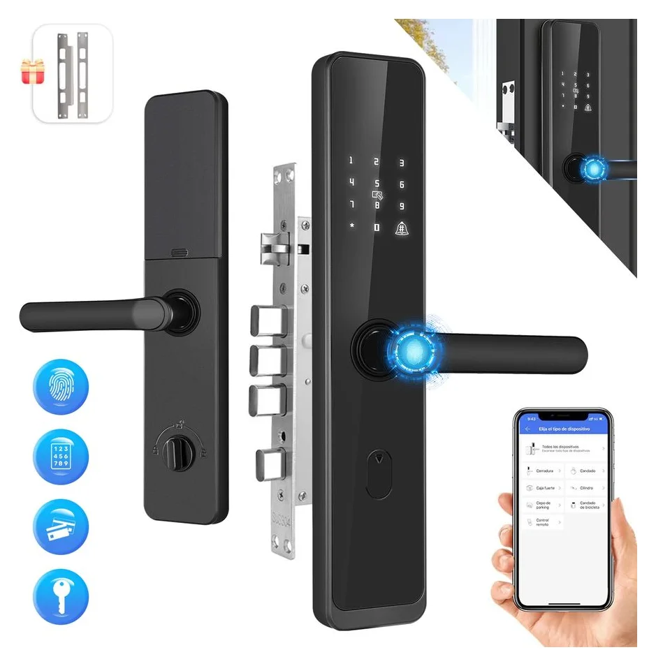Incuietoare inteligenta, YANX®, Wifi, broasca inclusa, acces prin Aplicatie Tuya, Card, Amprenta, Parola, Cheie, alarma efractie, aplicatie telefon Android si IOS, pentru birou, dormitor, Negru
