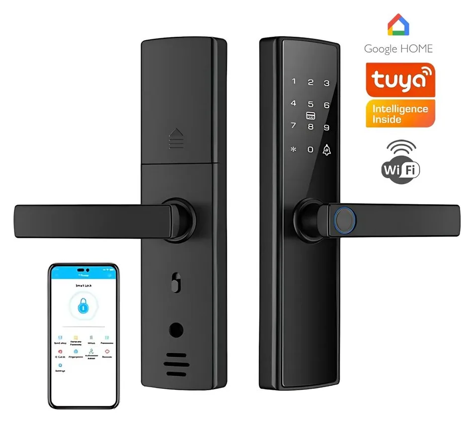 Incuietoare inteligenta, Smart cu amprenta, CUANTIS, Bluetooth, Wi-Fi, Cod PIN, Card RFID, Cheie, Control prin aplicatie Tuya, Google Smart Home, Nu necesita Gateway, Alarme multiple, Sonerie integrata, USB-C, Negru