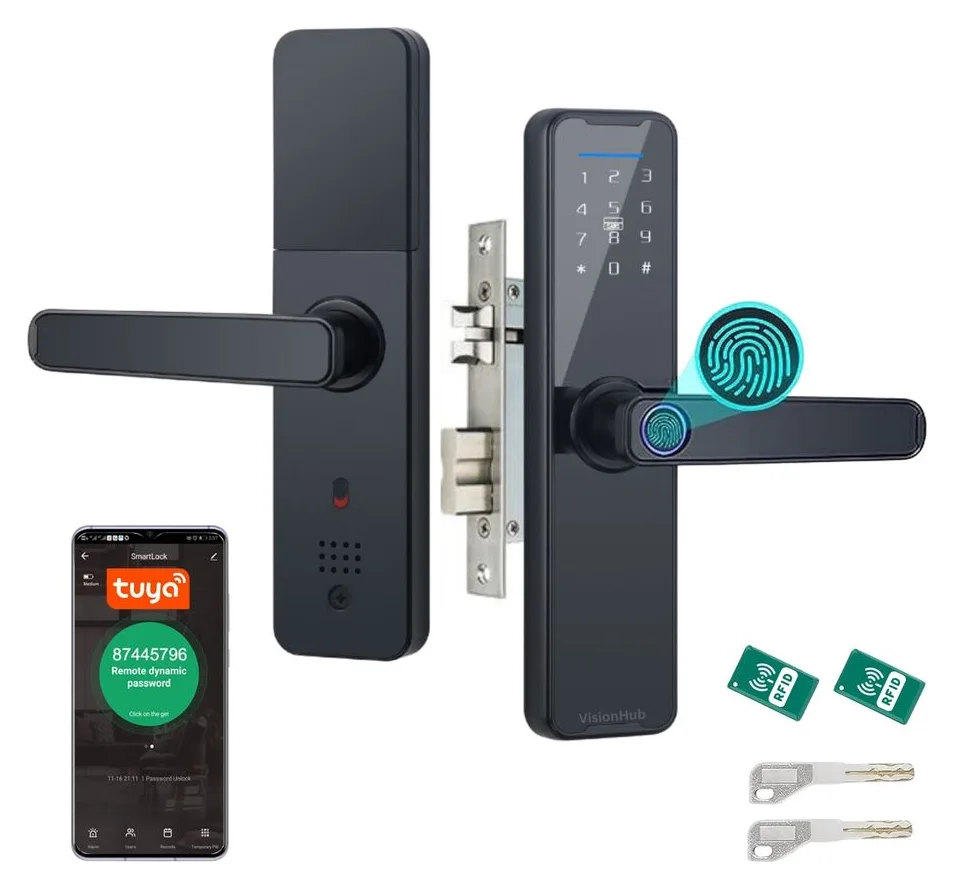 Incuietoare Inteligenta wireless, Yala cu Aplicatie Tuya, VisionHub®, Control de la Distanta, WiFi, 5 moduri de Acces, Cod PIN, Amprenta, 2 Chei, 2 Cartele, Broasca inclusa