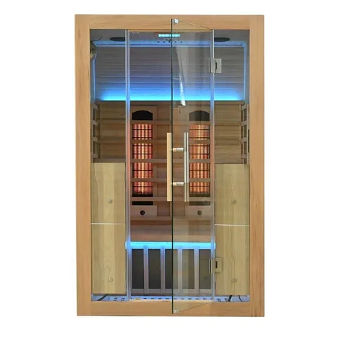 Infrasauna Belatrix Braga 2 Klasik, cabina din Hemlock, 2 radiatoare plenospectru + 3 radiatoare carbon, led cromoterapie, ionizator/ozonator, 2360W, natur, 2 persoane, 120x110x190 cm