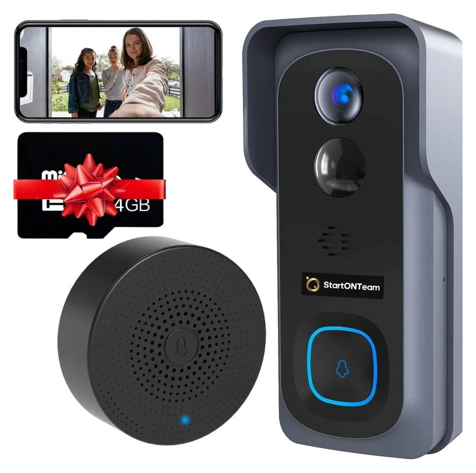 Interfon Video SMART StartONTeam, Wifi cu App Control, Senzor Detectare Miscare & Notificare pe Telefon, Night Vision, Infrarosu, Audio Bidirectional, Acumulator, Gri