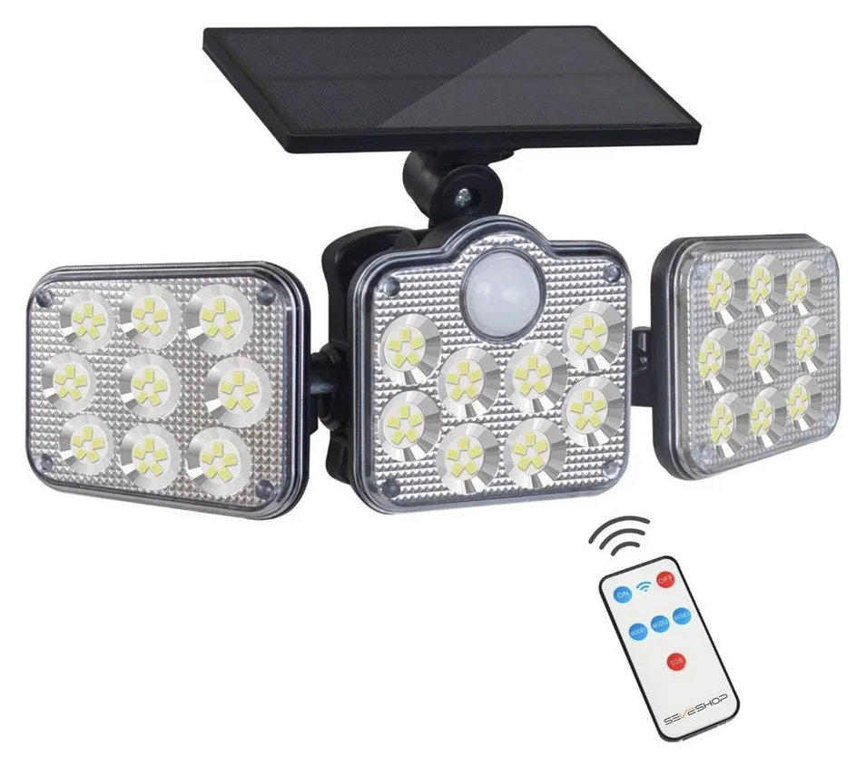 Lampa Solara de Exterior SeveShop®, 600 lm, 3 Moduri de Iluminare, Cu Senzor de Miscare si Senzor de Lumina, Rezistenta la Apa IP65, Acumulator Li-Polymer 2400 mAh, Autonomie pana la 10h, Iluminare pentru Curte, Gradina, Terasa, Design Compact, Negru