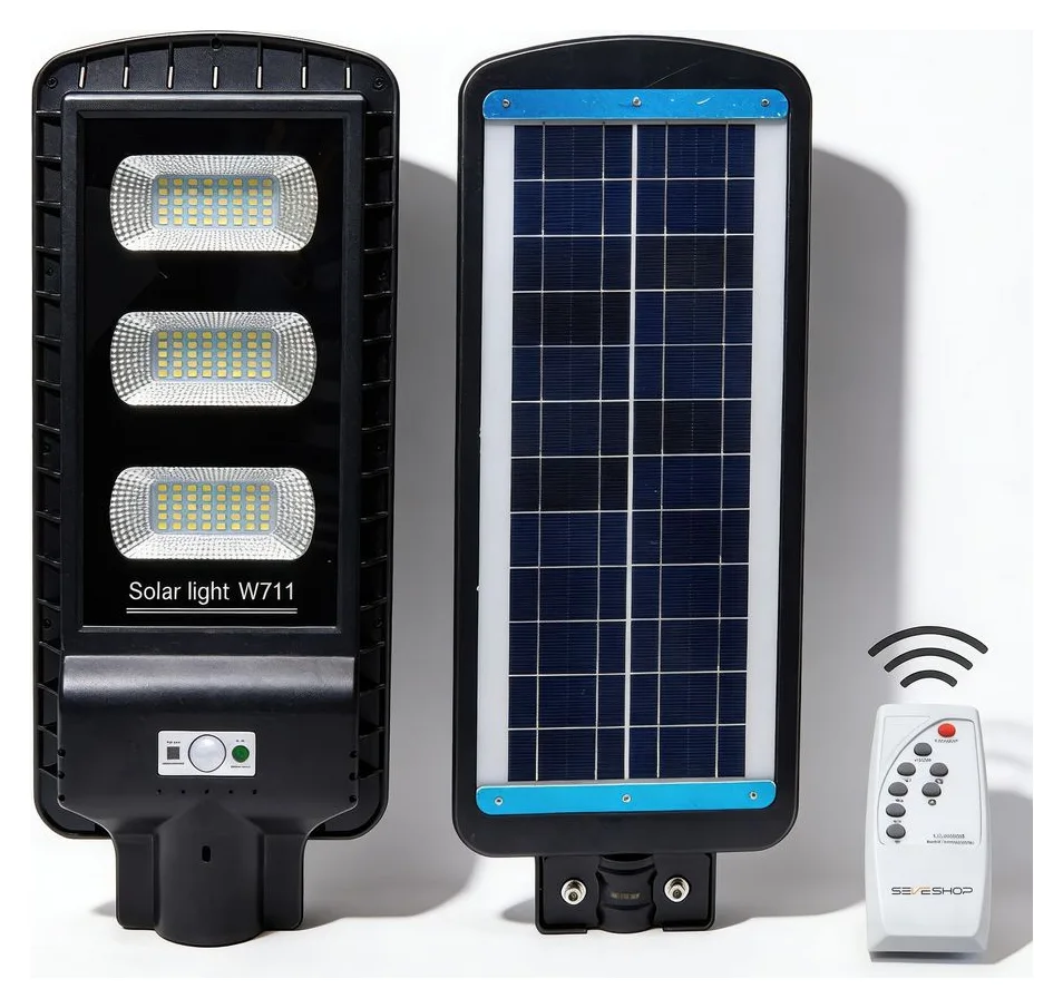 Lampa Solara Exterior SeveShop®, Cu Telecomanda, Cu Senzor De Miscare, Rezistenta La Apa IP65, Iluminare Stradala Puternica 9000 lm, Acumulator Lithium 15000 mAh, Panou Solar Monocristalin 6V/13W, Putere 60W, Pentru Curte, Gradina, Strada, Negru