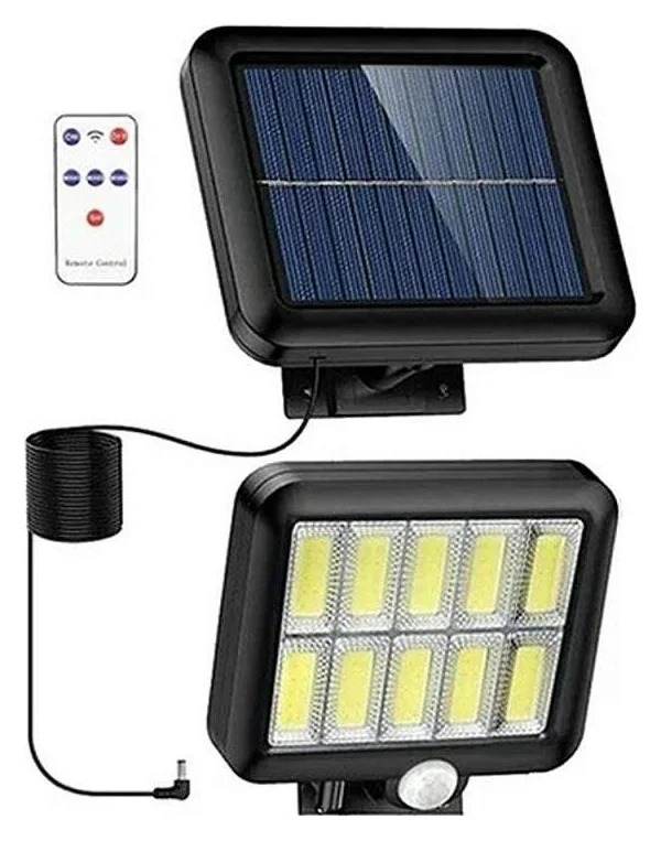 Lampa Solara LED SIKS Cu Telecomanda, Ajustabila, 120 COB LED, Senzor De Miscare Si Lumina, Baterie Inclusa 1200 mAh, 260 LM, Lungime Cablu 5 Metri, Rezistenta La Apa, Negru