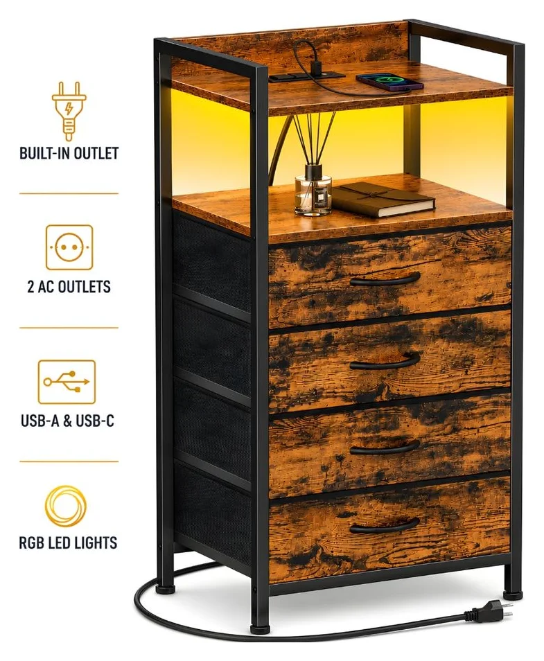 Noptiera cu Lumina KD Home® LumiRest, 4 Sertare, 84 x 40 x 30, Cu 2 Prize, USB si USB Type C, Banda LED RGB si Telecomanda, Cadru Metalic, Maro