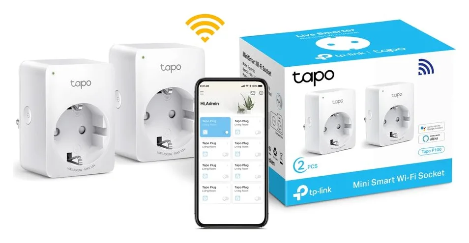 Pachet 2 prize inteligente TP-Link Mini Tapo P100, Wi-Fi, control vocal, 10A, compatibil Android/iOS, Amazon Alexa si Google Assistant, 220-240V, Alb