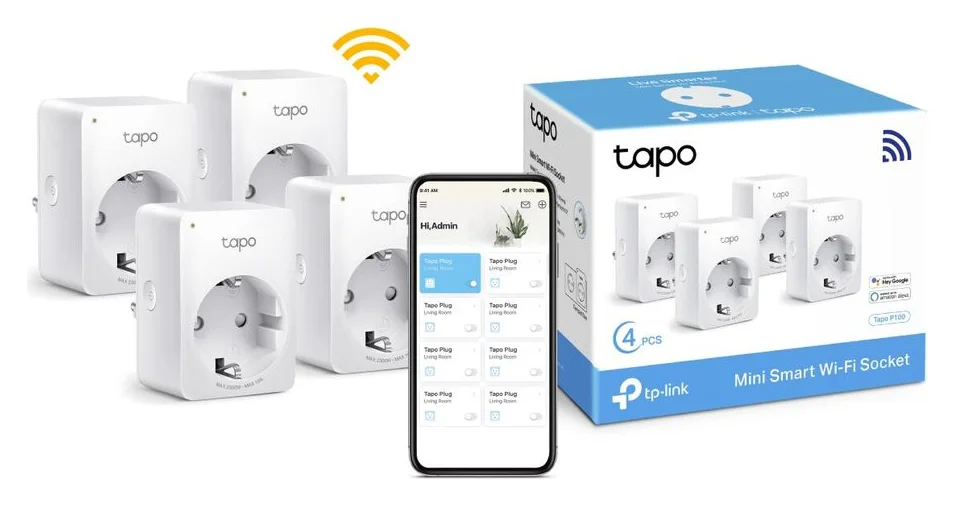 Pachet 4 prize inteligente TP-Link Mini Tapo P100, Wi-Fi, control vocal, 10A, compatibil Android/iOS, Amazon Alexa si Google Assistant, 220-240V, Alb