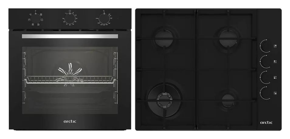 Pachet Cuptor incorporabil Arctic ARSE11130BD, 71 l, Electric, 6 functii, Curatare cu abur, Grill, Timer, Clasa A + Plita incorporabila, Gaz, 4 Arzatoare, Aprindere electrica, Wok, 60 cm, Negru