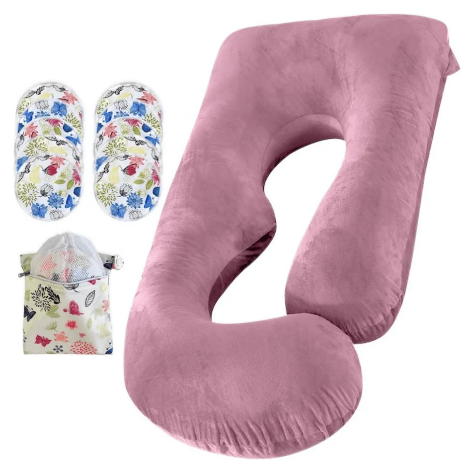Perna Gravide si Alaptare Gavriet™ 3 in 1, Multifunctionala, 95x70x15 cm, Forma de J, Husa Catifea Detajabila, Lavabila, Suport Burta, Picioare, Cap, Gat, Spate, 10 Tampoane de San incluse, Roz