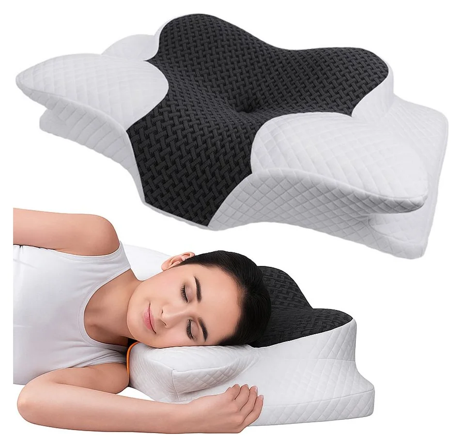 Perna Ortopedica Cervicala pentru dormit Linomag®, Spuma cu Memorie, Husa lavabila, Suport pentru gat, umeri si brate, Alb/Negru, 62 x 41 x 11-13 cm
