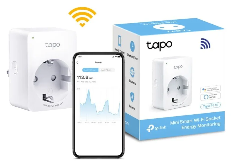 Priza smart TP-Link Mini Tapo P110, Wi-Fi, monitorizare consum energie, control vocal, 16A, compatibil cu Android / iOS, Amazon Alexa si Google Assistant, 220-240V, Alb