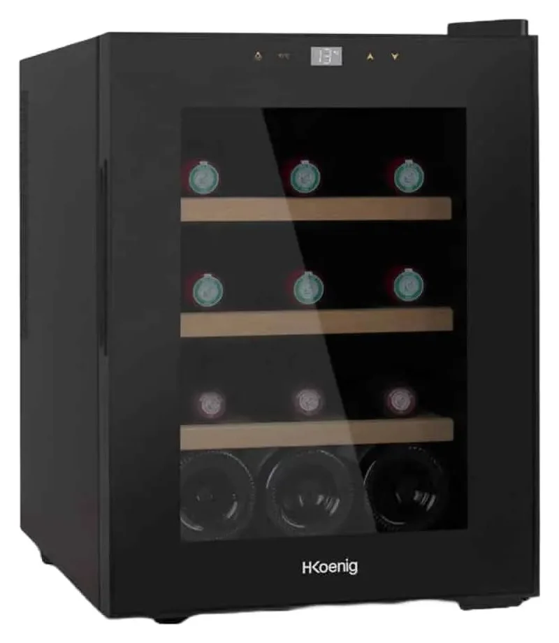Racitor de vin H.Koenig, AGE12, capacitate 12 sticle, H 47 cm, o zona de racire 11C-18C, temperatura ajustabila, sistem de racire termoelectric, touch control, sistem anti-vibratii, iluminare LED comutabila, negru