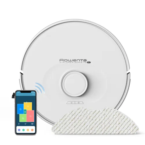 Robot de aspirare Rowenta X-Plorer S75S Animal & Allergy RR8567WH, aspirator si mop, 31W, 2700 Pa, 120 min, 2600 mAh, 7 senzori, 4 harti, recipient praf 0.4L, recipient apa 300 ml, statie de incarcare, curatare 4 in 1, mop Smart Aqua Power, alb