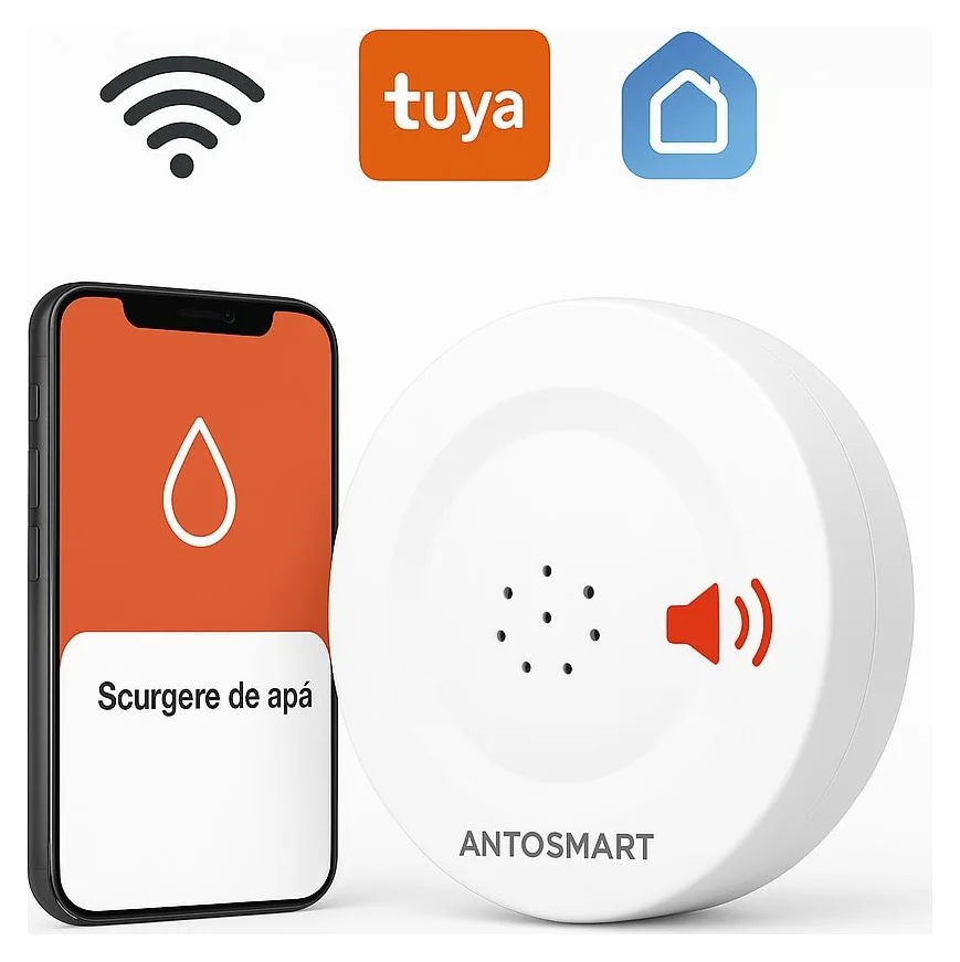 Senzor inundatie cu alarma proprie 80 db, detectare scurgeri apa, conectivitate Wi-Fi, notificari instantanee pe telefon, potrivit pentru bai, bucatarii, subsoluri, electrocasnice