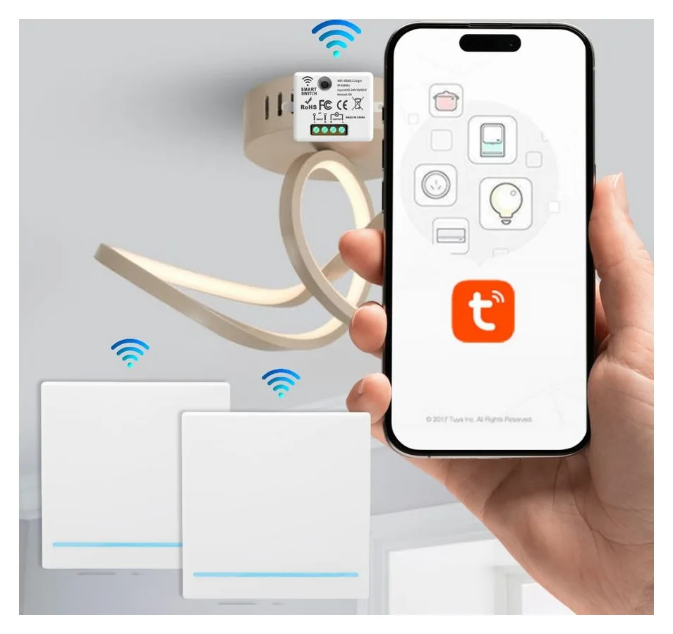 Set 2 intrerupatoare inteligente wireless Veridion®, compatibile cu Tuya, Alexa si Google Home, Wifi, 2 Comutatoare + 1 Receptor smart