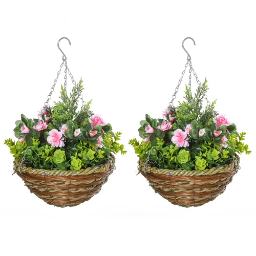 Set 2 plante artificiale, Ooutsunny, Lisianthus, Pentru interior/exterior, Ф25x34cm, Roz/Verde